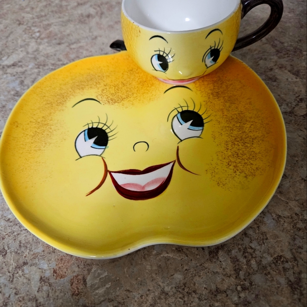 PY Anthropomorphic Lemon snack plate (2) and matching cup (1).